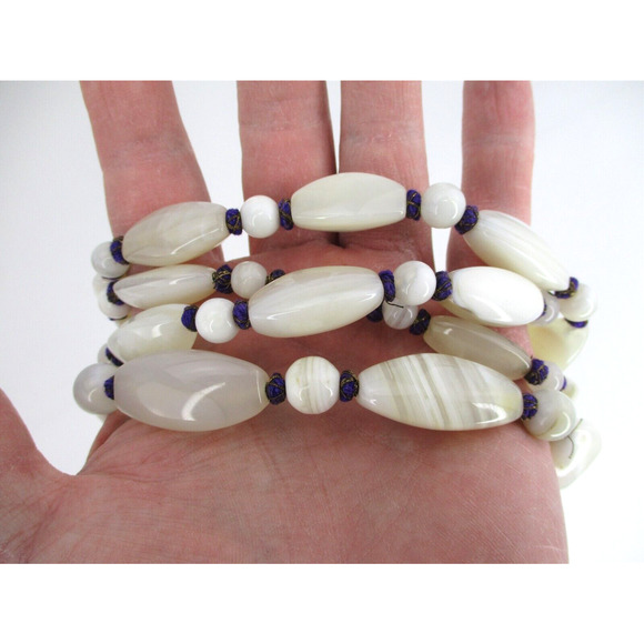 Oriental Banded White Agate Necklace 54" Around - Picture 6 of 6